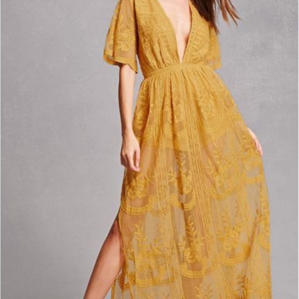 Honey Punch Gold Maxi Dress with Plunge Neckline and Puff Sleeves